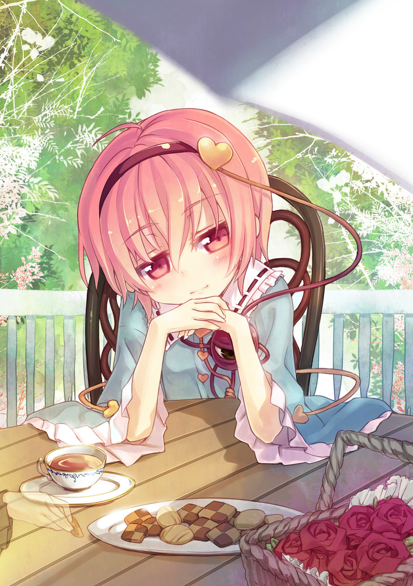 absurdres ahoge bangs basket blush chair checkerboard_cookie chin_rest cookie cup day eyeball flower food hairband hands head_tilt heart highres komeiji_koishi komeiji_satori light_smile looking_at_viewer minamura_haruki out_of_frame outdoors picnic_basket pink_eyes pink_hair pov pov_across_table red_flower red_rose rose short_hair sitting smile solo_focus table tea teacup third_eye touhou transparent tree upper_body when_you_see_it wide_sleeves