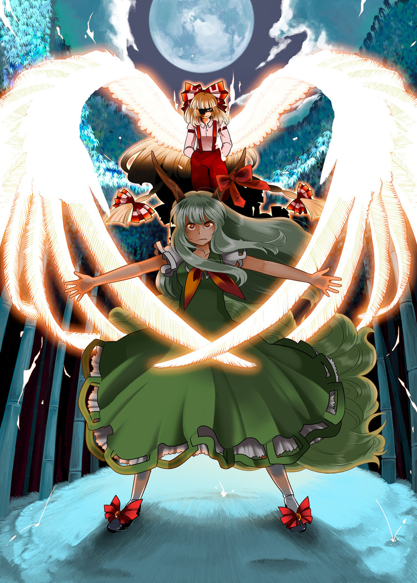 bamboo bon_(rump) ex-keine flying fujiwara_no_mokou full_moon hands_in_pockets highres horns kamishirasawa_keine moon multiple_girls night night_sky outstretched_arms shaded_face sky spread_arms standing touhou wings