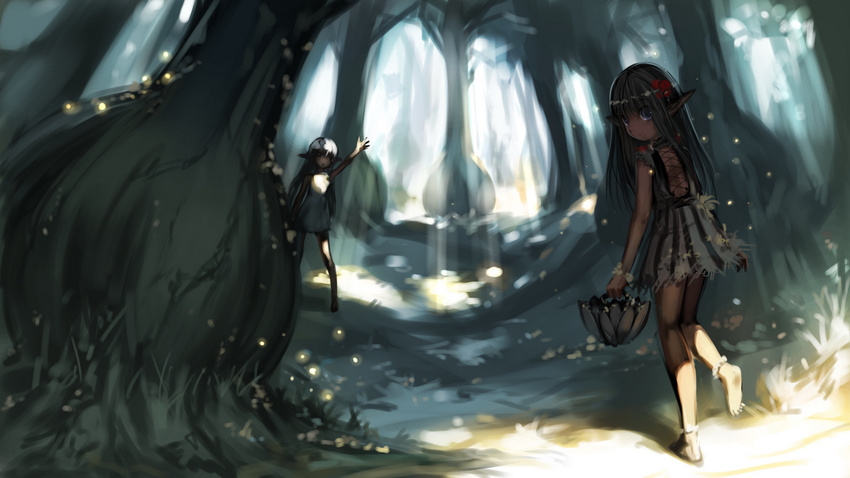 anklet bad_id bad_pixiv_id barefoot dress elf forest jewelry long_hair looking_back multiple_girls nature observerz original pointy_ears purple_eyes sunlight waving white_hair
