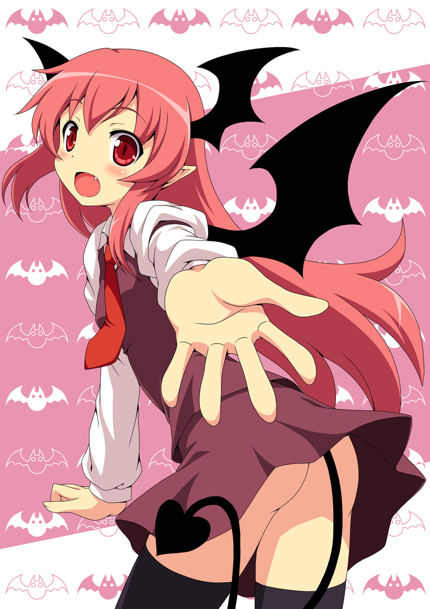 absurdres ass bat bat_wings beckoning black_hair black_legwear demon_tail head_wings highres koakuma long_hair necktie no_panties outstretched_hand pointy_ears red_eyes red_hair red_neckwear solo tail thighhighs touhou wings yamasan