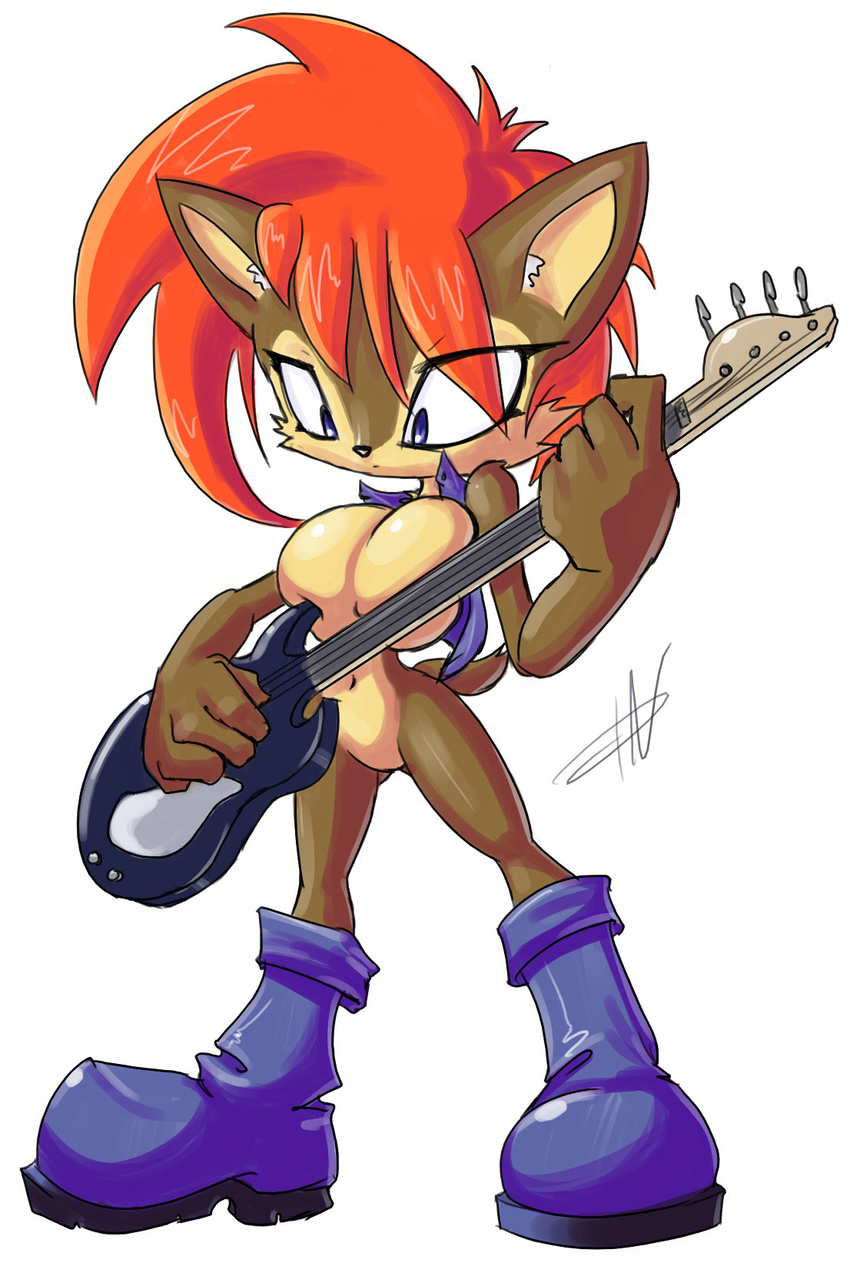 big_breasts blue_eyes boots breasts brown female guitar hair mobian red_hair sally_acorn short_hair solo sonic_(series) standing t03nemesis