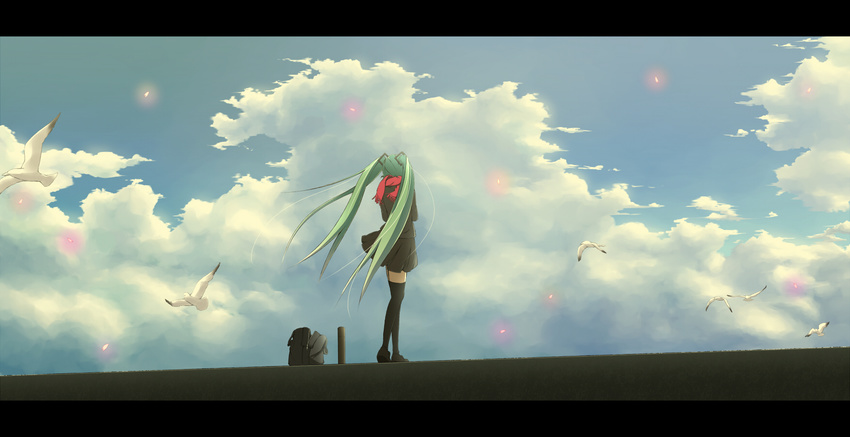 bad_id bad_pixiv_id cloud day from_behind green_hair hatsune_miku haz_first_music highres letterboxed long_hair necktie skirt sky solo twintails vocaloid