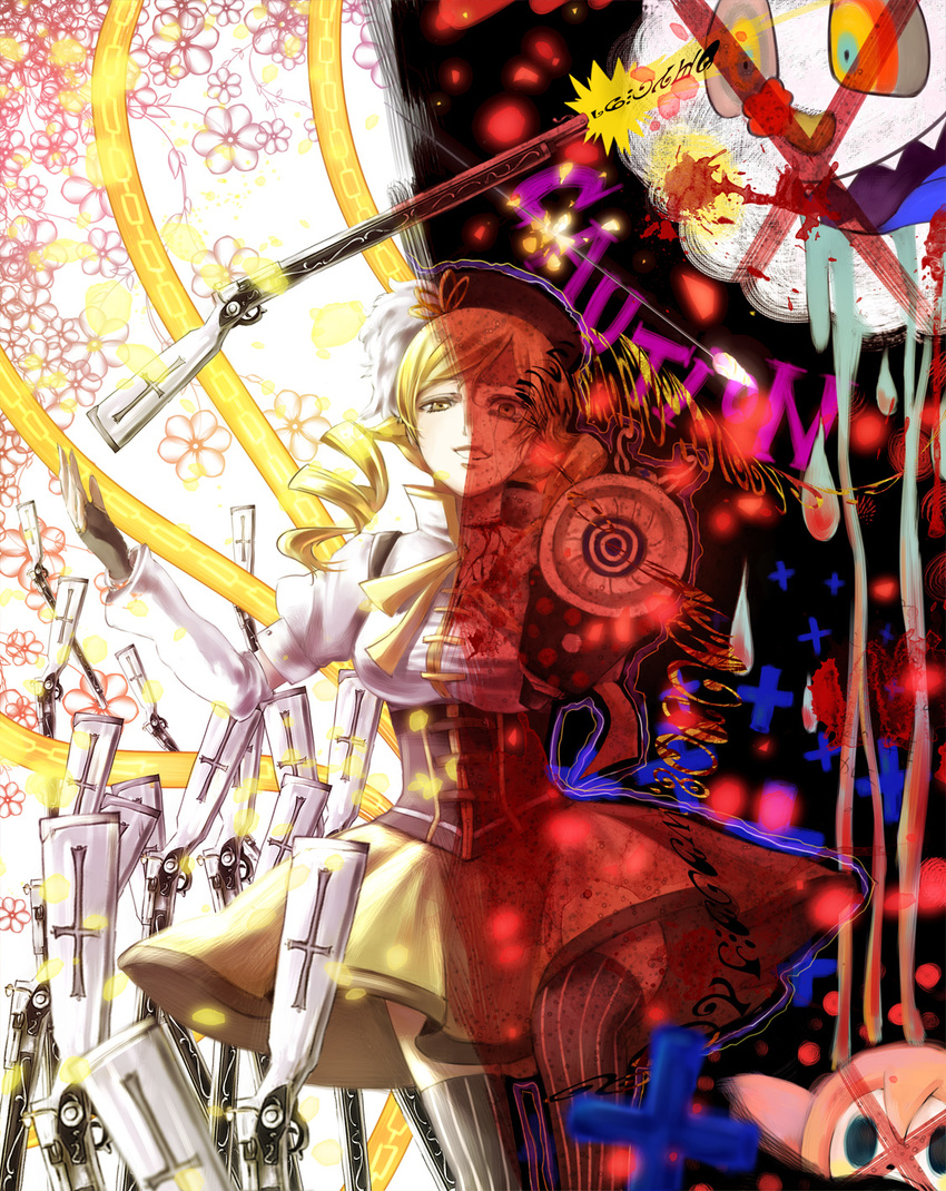 aiming_at_viewer beret blonde_hair blood blood_stain blurry charlotte_(madoka_magica) corset crack cross cuts dark_persona depth_of_field drill_hair drooling dual_persona fingerless_gloves gloves gun hat highres injury inverted_cross madoka_runes magical_girl magical_musket mahou_shoujo_madoka_magica mami_mogu_mogu puffy_sleeves rifle shippori spoilers tears thighhighs tomoe_mami translated twin_drills twintails weapon witch's_labyrinth yellow_eyes