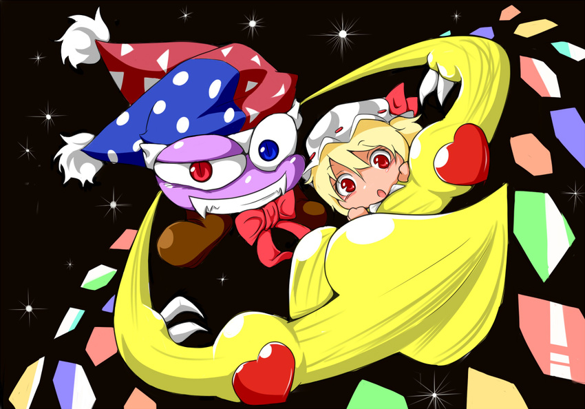 1girl alternate_eye_color bacho blonde_hair blue_eyes bow bowtie crazy_eyes crazy_smile fangs flandre_scarlet hat heterochromia jester_cap kirby_(series) marx no_arms red_eyes slit_pupils sparkle touhou wings yellow_wings