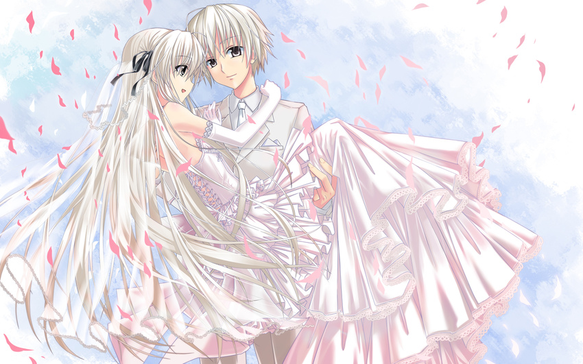 1girl bridal_veil brother_and_sister carrying dress elbow_gloves gloves hair_ribbon highres hika_(cross-angel) incest kasugano_haruka kasugano_sora princess_carry ribbon siblings silver_eyes silver_hair twincest twins veil wedding wedding_dress yosuga_no_sora