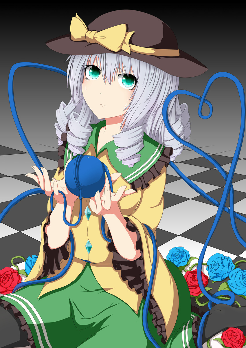 absurdres alternate_hairstyle bad_id bad_pixiv_id blouse blue_flower blue_rose checkered checkered_floor drill_hair flower frills frown green_eyes hat hat_ribbon heart heart_of_string highres komeiji_koishi pantyhose paradein red_flower red_rose ribbon rose silver_hair sitting skirt solo tears third_eye touhou wariza