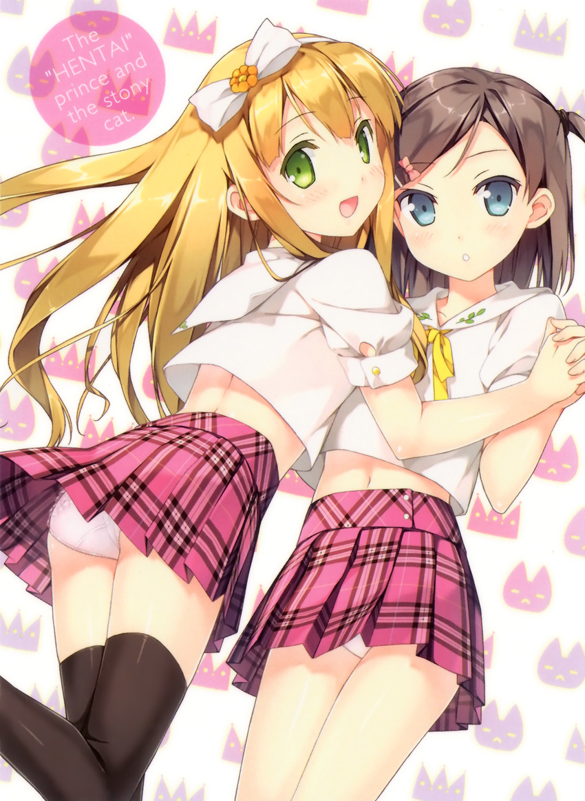 :d :o azuki_azusa black_hair black_legwear blonde_hair blue_eyes bow green_eyes hair_bow hentai_ouji_to_warawanai_neko. highres holding_hands kantoku multiple_girls open_mouth panties plaid plaid_skirt school_uniform simple_background skirt smile thighhighs tsutsukakushi_tsukiko underwear white_panties