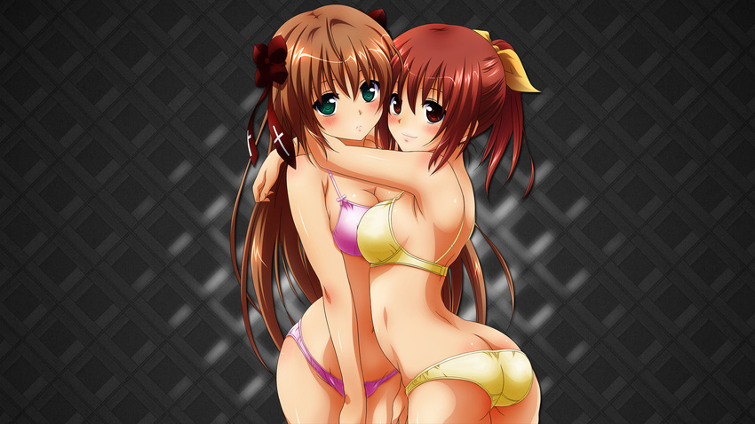 2girls ass bow bra breasts butt_crack cleavage highres hug mayoi_neko_overrun! multiple_girls naruko_kanae panties serizawa_fumino underwear wallpaper