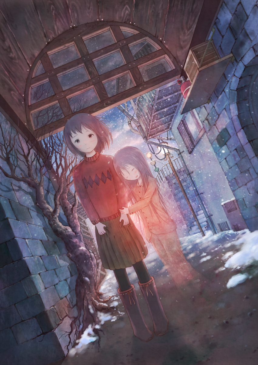 absurdres bare_tree black_legwear blush boots brown_eyes brown_hair closed_eyes cola_(gotouryouta) dutch_angle ghost highres lamppost long_sleeves looking_at_viewer multiple_girls open_mouth original pajamas pantyhose pleated_skirt scenery skirt snow standing tree