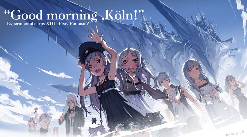 6+girls :d armpits bag blue_sky blush bracelet cloud crossed_arms day dress fan formal german hair_ornament hair_tucking hairclip hat hjl hood hoodie jewelry long_hair multiple_boys multiple_girls necktie open_mouth peaked_cap pixiv_fantasia pixiv_fantasia_5 ponytail red_eyes ship silver_hair sky smile suit translated watercraft
