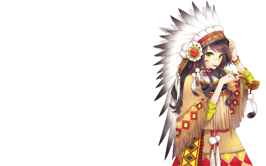 black_hair brown_hair dress face_paint facepaint facial_mark facial_markings feather feathers female fringe green_eyes headdress long_hair nardack native_american native_american_clothes original pipe simple_background solo squaw standing wallpaper white white_background