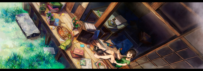 barefoot brown_hair cat dutch_angle fan food from_above grass highres kappa letterboxed neyagi original plant popsicle potted_plant scenery short_hair sitting solo stuffed_toy veranda