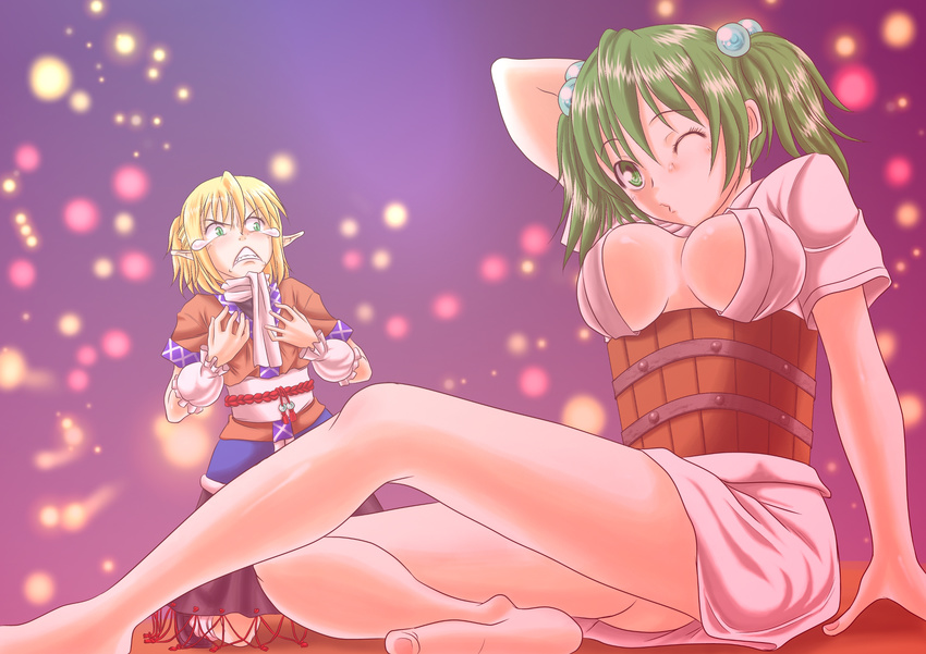 :&lt; arm_warmers barefoot blonde_hair blush breast_envy breasts bucket clenched_teeth green_eyes green_hair hair_bobbles hair_ornament highres in_bucket in_container kisume large_breasts legs long_legs mizuhashi_parsee multiple_girls older one_eye_closed open_clothes open_shirt pointy_ears pose scarf shiba_meiji shirt short_hair tears teenage teeth thighs touhou
