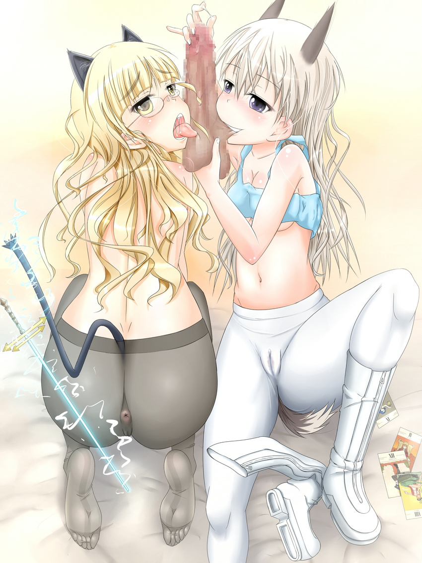 2girls animal_ears anus artist_request ass black_legwear blonde_hair blue_eyes blush boots breasts cameltoe cat_ears censored collarbone disembodied_penis eila_ilmatar_juutilainen fellatio fox_ears glasses groin hetero highres large_breasts mosaic_censoring multiple_girls no_bra oral pantyhose penis perrine_h_clostermann pussy saliva source_request strike_witches tail tongue white_hair white_legwear world_witches_series yellow_eyes