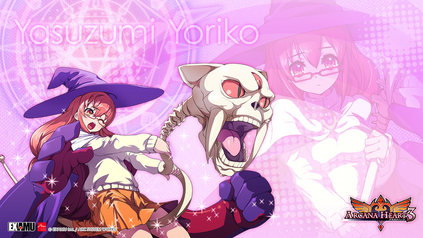 akaga_hirotaka angry arcana_heart arcana_heart_3 between_thighs braid brooch cape character_name clenched_hand fangs glasses hands hat highres jewelry long_hair magic_circle mike_(arcana_heart) misono_gakuen_school_uniform official_art open_mouth orange_eyes orange_skirt pentagram pink_background pink_eyes red_hair school_uniform skirt skull sparkle staff sweater teeth third_eye tongue turtleneck twin_braids very_long_hair wallpaper wince witch witch_hat yasuzumi_yoriko
