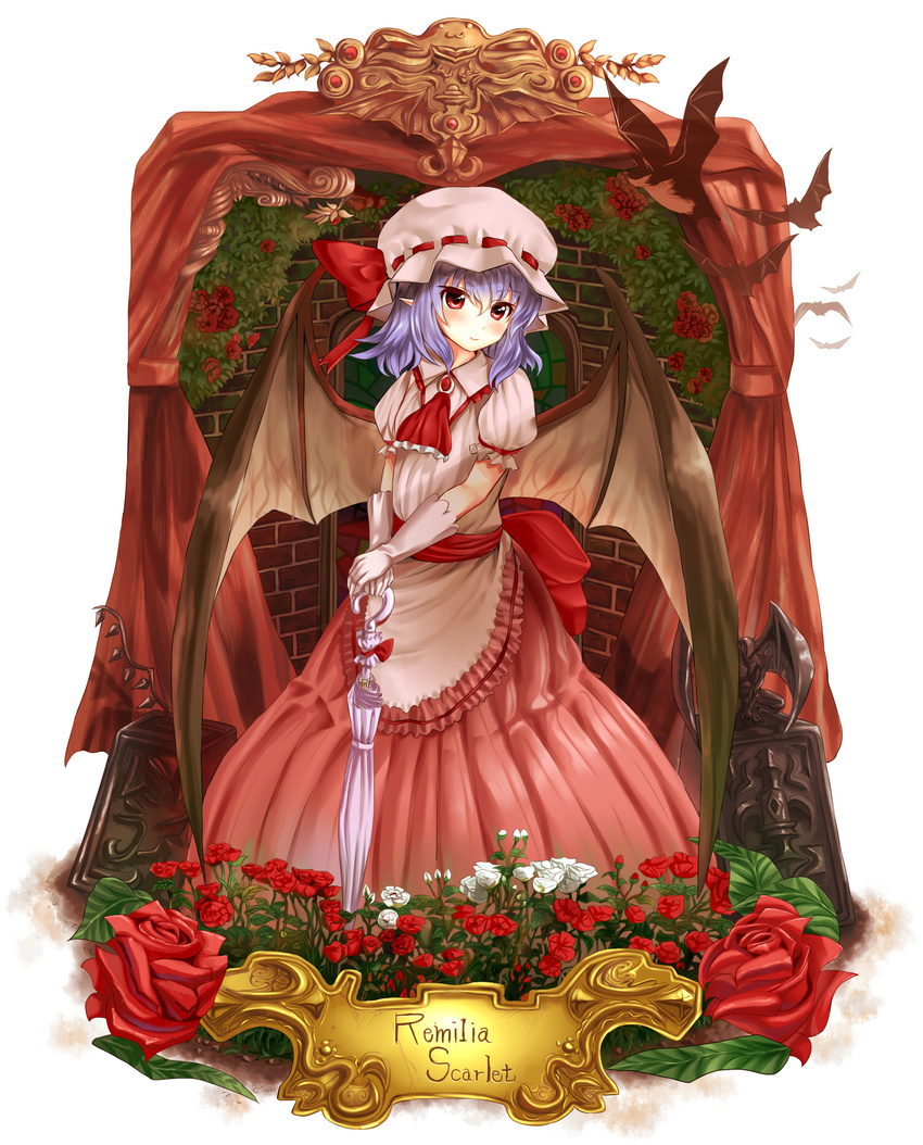 aldehyde bad_id bad_pixiv_id bat_wings elbow_gloves flower gloves hat highres leaf pointy_ears purple_hair red_eyes red_flower red_rose remilia_scarlet rose short_hair solo touhou umbrella white_flower white_rose wings