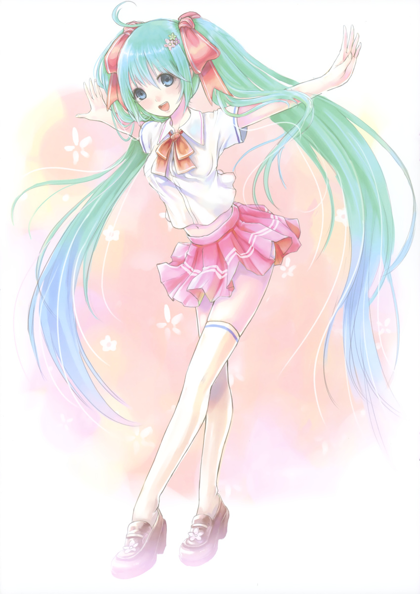 absurdres ahoge blue_eyes flower green_hair hair_ornament hairpin happy hatsune_miku highres kazuharu_kina loafers long_hair outstretched_arms ribbon school_uniform shoes skirt solo spread_arms thighhighs tiptoes twintails very_long_hair vocaloid