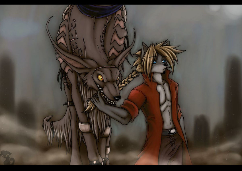 anthro canine couple feral hair hythegreykatt male open_shirt plait post_apocalyptic smoking tug