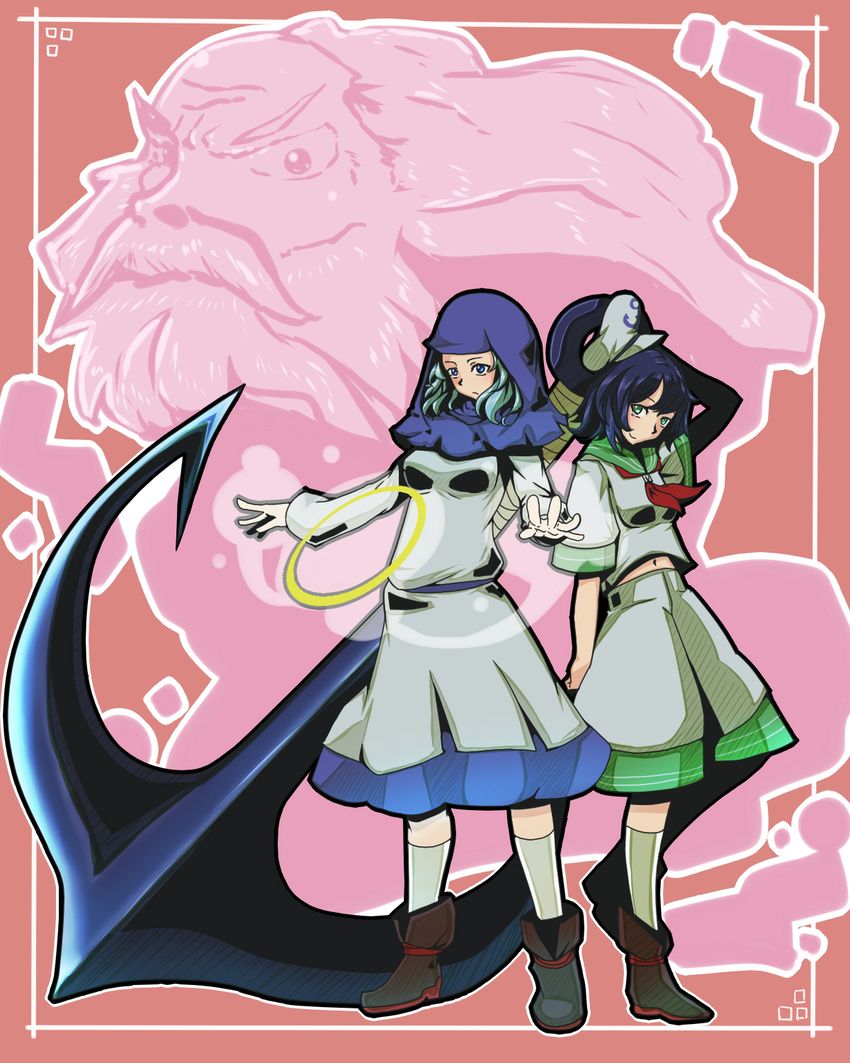 anchor bakuya black_hair blue_eyes blue_hair green_eyes hat highres hood kumoi_ichirin midriff multiple_girls murasa_minamitsu sailor sailor_collar sailor_hat short_hair touhou unzan