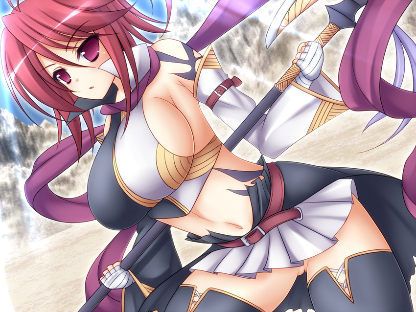 bad_id bad_pixiv_id belt blush breasts dutch_angle koihime_musou large_breasts legs midriff mikan_(5555) miniskirt navel red_eyes red_hair ryofu short_hair skirt solo thighhighs thighs weapon