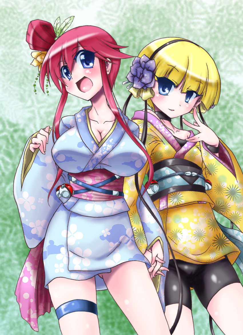 2girls alternate_costume blonde_hair blue_eyes blush breasts cleavage flat_chest flower fuuro_(pokemon) gym_leader hair_flower hair_ornament hand_holding headphones highres holding_hands japanese_clothes kamitsure_(pokemon) kimono large_breasts multiple_girls open_mouth poke_ball pokeball pokemon pokemon_(game) pokemon_black_and_white pokemon_bw ponytail red_hair shirogane_(cufsser) short_hair shorts side_ponytail simple_background smile thigh_strap wire