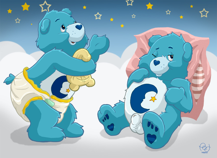 anthro balls bear bedtime_bear care_bear care_bears diaper duo lying male mammal nude on_back one_eye_closed padfoot_squarepants presenting sheath small toony