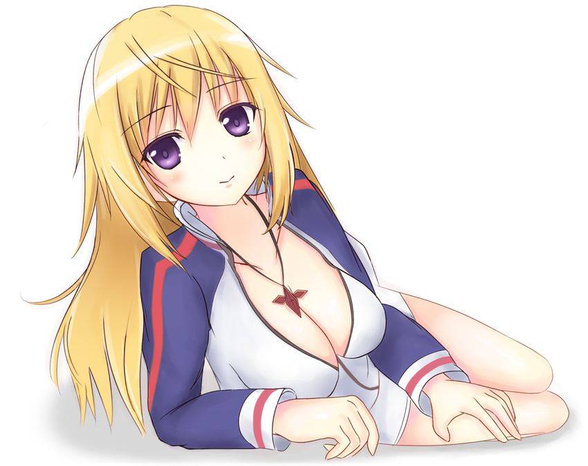blonde_hair blush breasts charlotte_dunois cleavage foreshortening infinite_stratos jewelry kirifrog large_breasts long_hair lying on_side pendant purple_eyes smile solo