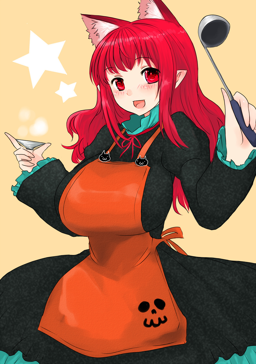 absurdres alternate_hairstyle animal_ears apron blush breasts cat_ears extra_ears hair_down han_(jackpot) highres huge_breasts kaenbyou_rin ladle long_hair open_mouth pointy_ears red_eyes red_hair simple_background slender_waist solo touhou