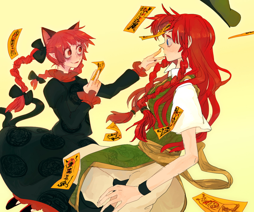 animal_ears bags_under_eyes braid cat_ears cat_tail hachimillion hong_meiling kaenbyou_rin long_hair multiple_girls multiple_tails ofuda red_eyes red_hair short_hair simple_background tail touhou twin_braids twintails yellow_background