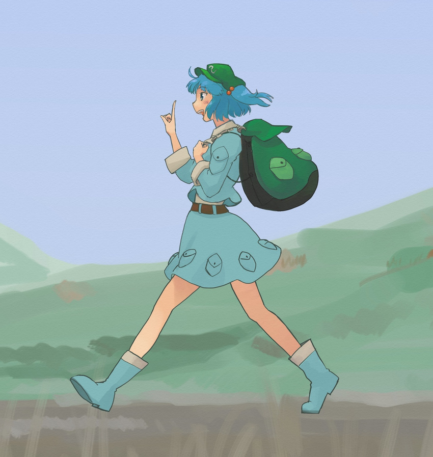 backpack bag blue_eyes blue_hair blush hair_bobbles hair_ornament hat highres kawashiro_nitori open_mouth pinzu short_hair sleeves_rolled_up smile solo touhou two_side_up walking