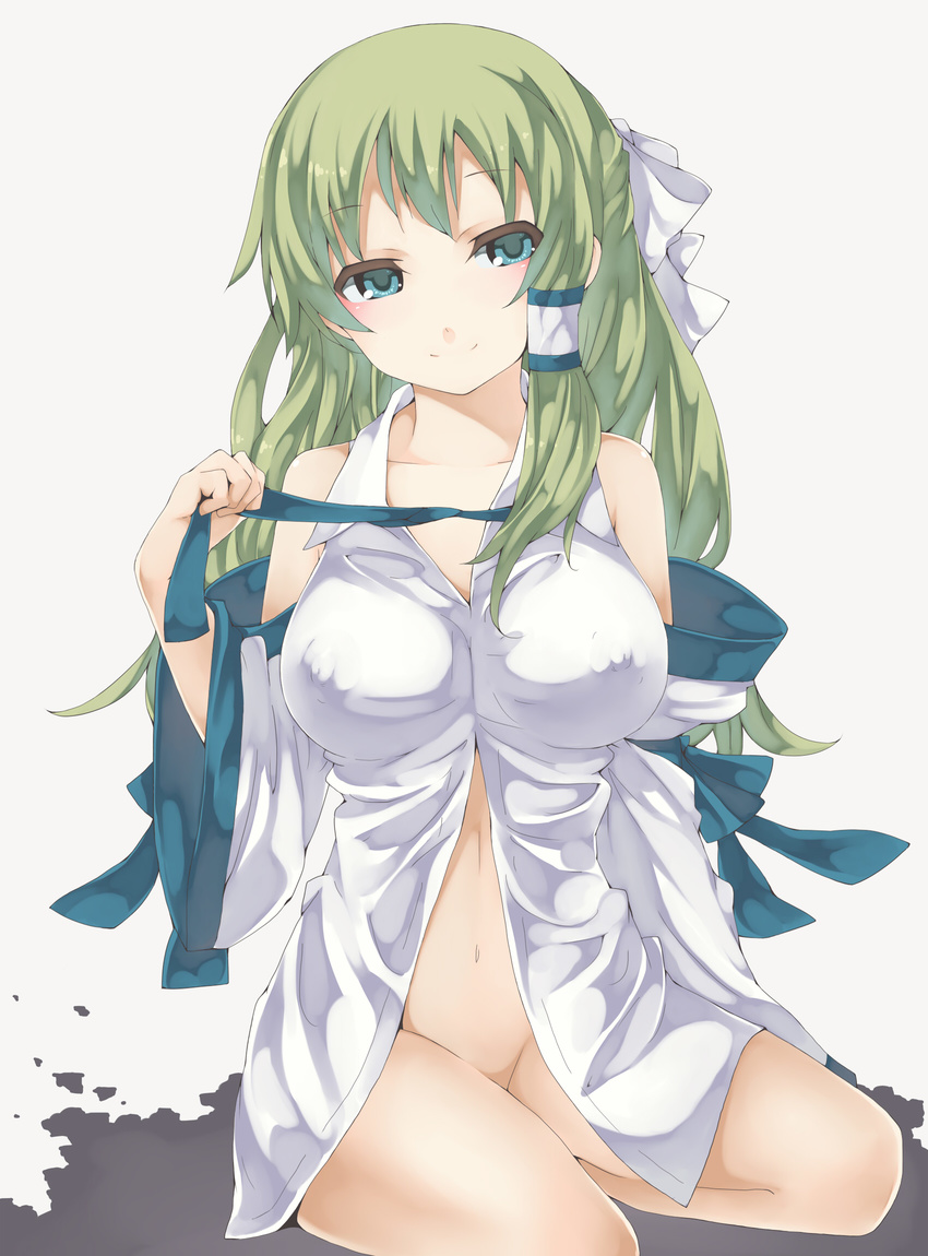 arutoria blush bottomless breasts covered_nipples green_eyes hair_ribbon highres kochiya_sanae large_breasts long_hair navel no_bra non-web_source ribbon seductive_smile sitting smile solo touhou undressing