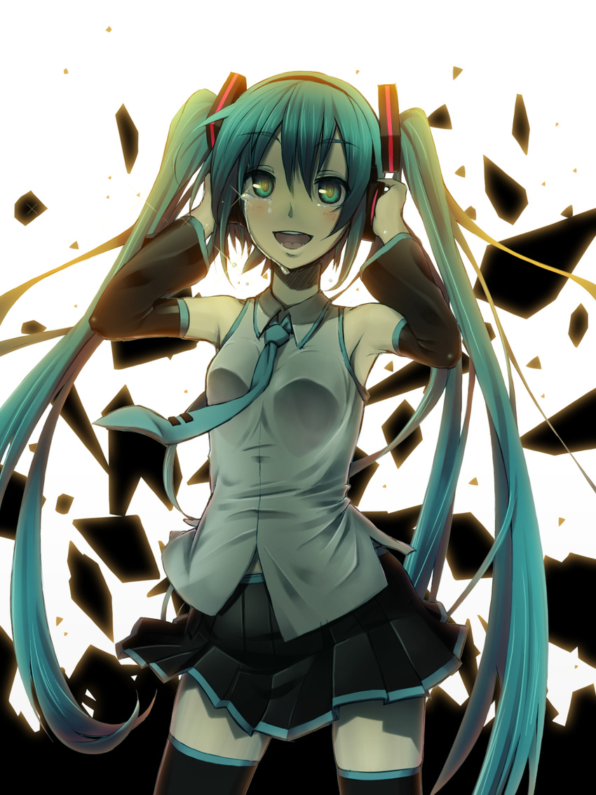 aqua_eyes aqua_hair black_legwear blush debris detached_sleeves green_eyes green_hair hair_ornament hatsune_miku headphones headset highres higurashi_aki long_hair midriff necktie open_mouth skirt smile solo tears thighhighs twintails very_long_hair vocaloid zettai_ryouiki