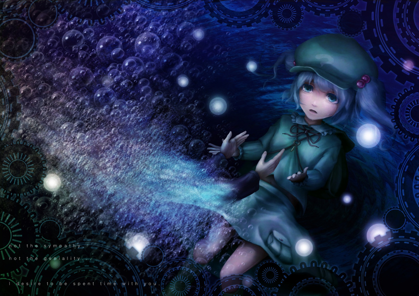 backpack bad_id bad_pixiv_id bag blue_eyes blue_hair bubble gears hair_bobbles hair_ornament hat highres kawashiro_nitori key lif outstretched_arms short_hair solo touhou two_side_up underwater