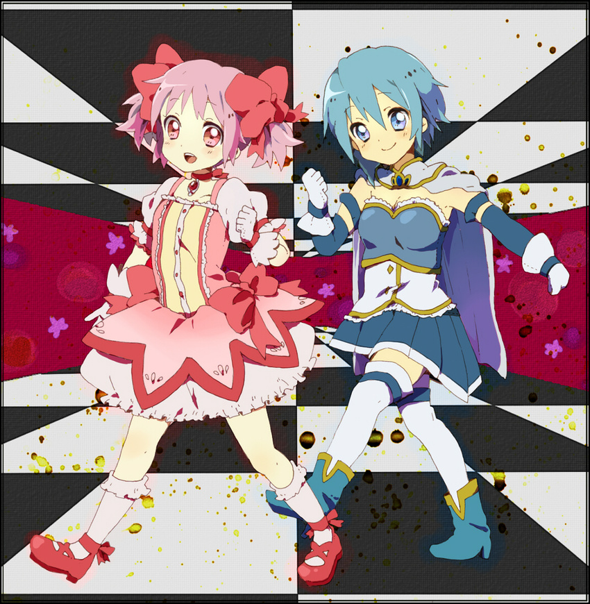 bad_id bad_pixiv_id bare_shoulders blue_eyes blue_hair bubble_skirt cape checkered checkered_floor gloves hair_ribbon kaname_madoka magical_girl mahou_shoujo_madoka_magica mary_janes miki_sayaka multiple_girls pink_eyes pink_hair puffy_sleeves ribbon shoes skirt smile thighhighs tooi zettai_ryouiki