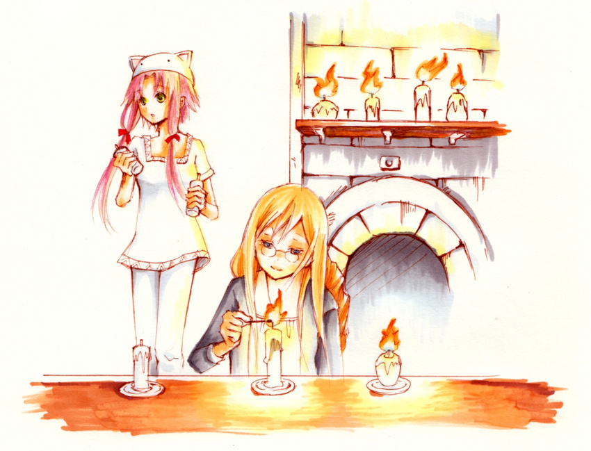 alicia_florence animal_hat aria blonde_hair blue_eyes bow braid candle cat_hat glasses hair_bow hair_ribbon hat highres long_hair mizunashi_akari multiple_girls natsuiro pink_hair ribbon short_hair_with_long_locks sidelocks tress_ribbon yellow_eyes