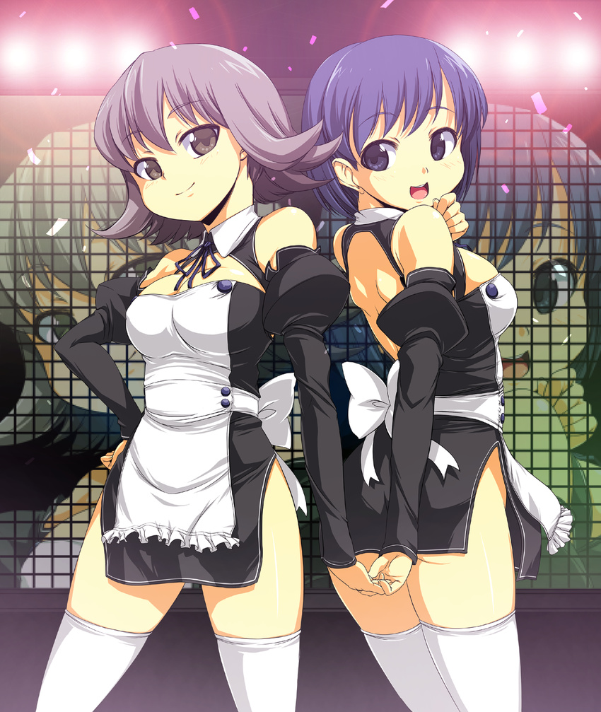 apron back-to-back backless_outfit bare_back bare_shoulders blue_eyes blue_hair detached_sleeves dream_c_club dream_c_club_(series) dream_c_club_zero extra grid hand_on_hip highres holding_hands multiple_girls no_pants onija_tarou purple_eyes purple_hair screen short_hair smile thighhighs white_legwear