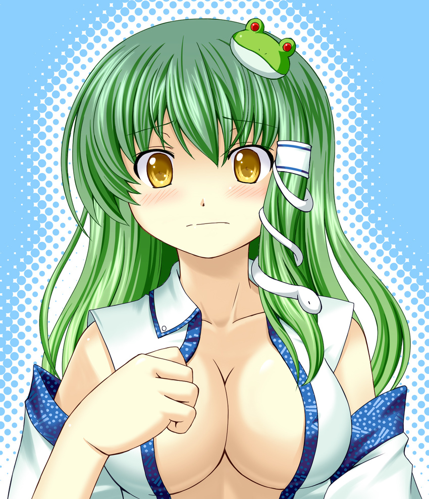beni_(bluebluesky) blush breasts center_opening cleavage collarbone detached_sleeves frog frog_hair_ornament green_hair hair_ornament hair_tubes halftone halftone_background highres kochiya_sanae large_breasts long_hair no_bra open_clothes open_shirt shirt snake snake_hair_ornament solo touhou upper_body yellow_eyes