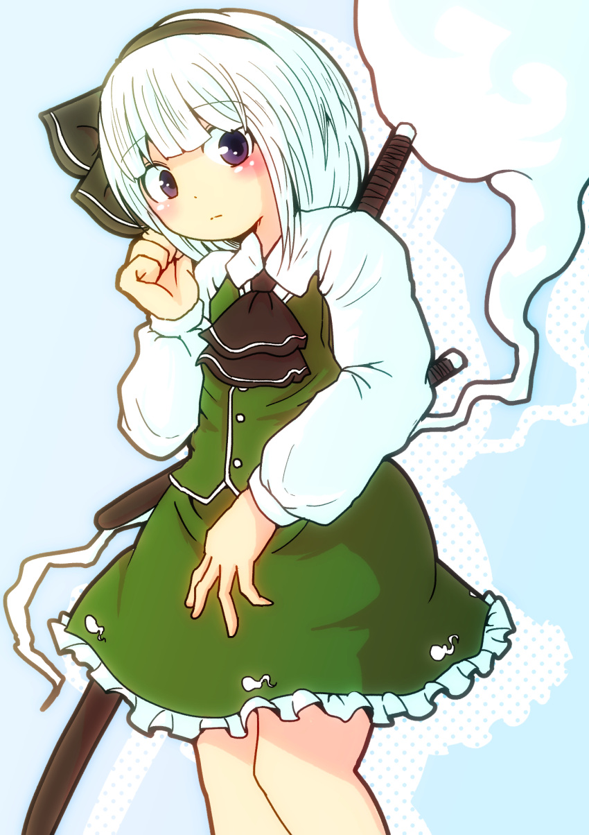 1girl ascot bangs black_ascot black_hairband blue_background blush buttons closed_mouth collar collared_shirt danpey dress eyebrows_visible_through_hair ghost ghost_print green_dress hairband hand_on_own_face hand_up highres katana konpaku_youmu konpaku_youmu_(ghost) long_sleeves looking_down looking_to_the_side one-hour_drawing_challenge polka_dot polka_dot_background puffy_long_sleeves puffy_sleeves purple_eyes shadow shirt short_hair simple_background solo standing sword touhou weapon white_hair white_shirt