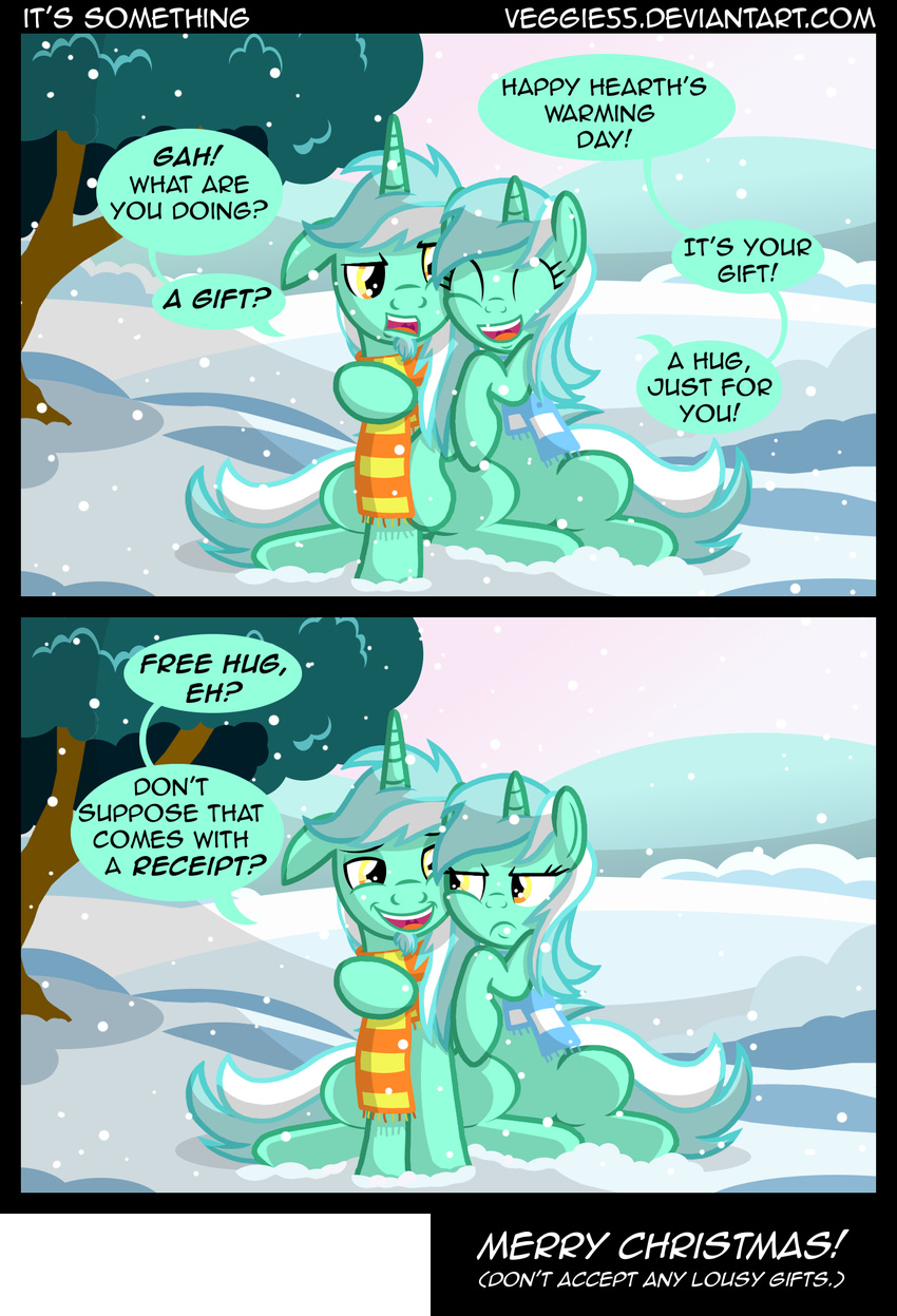 amber_eyes comic crossgender dialog dialogue duo english_text equine eyes_closed female feral friendship_is_magic fur green_fur hair horn horse hug lyra_(mlp) lyra_heartstrings_(mlp) male mammal my_little_pony outside pony scarf sitting sky smile snow square_crossover text tree two_tone_hair unicorn veggie55 yellow_eyes