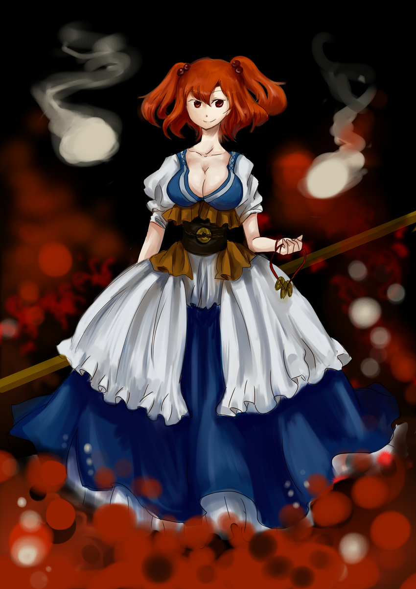 absurdres breasts cleavage coin dress ghost hair_bobbles hair_ornament highres large_breasts onozuka_komachi red_eyes red_hair scythe shigureru smile solo touhou