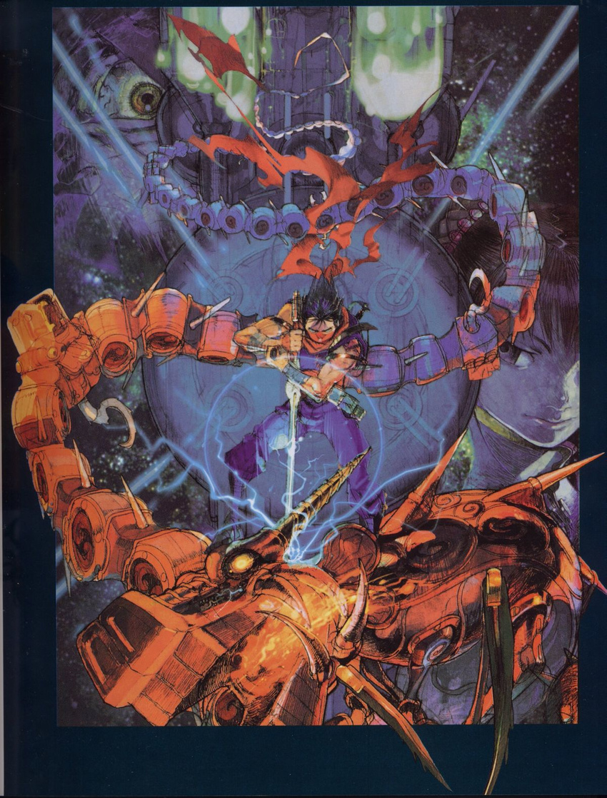 1girl artbook battle bishounen dragon electricity emperor_dragon epic eyes grand_master_meio highres lips manly mecha muscle ninja official_art plasma_sword red_scarf robot scan scarf science_fiction shoei_okano space stabbed stabbing star_(sky) strider_(video_game) strider_hien strider_hiryuu sword weapon
