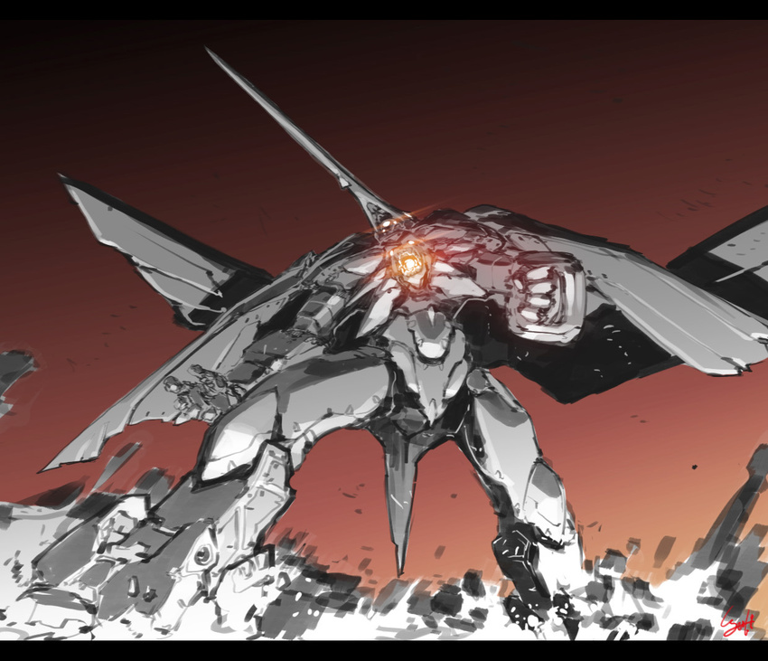 battle charging g-elements glowing glowing_eyes gradient gradient_background helmet horns i-iv_(longman) letterboxed looking_at_viewer machinery mecha no_humans open_mouth red_background simple_background xenogears yellow_eyes