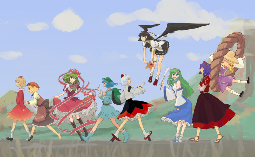 aki_minoriko aki_shizuha bored flying geta happy highres inubashiri_momiji kagiyama_hina kawashiro_nitori kochiya_sanae moriya_suwako mountain_of_faith multiple_girls pinzu profile shameimaru_aya tengu-geta touhou two_side_up walking yasaka_kanako