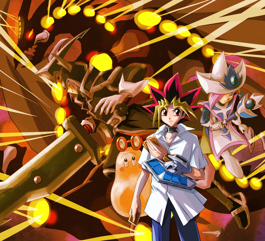 2boys ashi_ura blonde_hair blue_eyes boots dragon duel_disk duel_monster gandora_the_dragon_of_destruction gloves hat marshmallon marshmallon_glasses monster multicolored_hair multiple_boys mutou_yuugi school_uniform silent_magician silent_swordsman smile weapon yuu-gi-ou yuu-gi-ou_duel_monsters