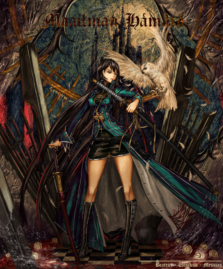 bird black_hair boots castle checkered checkered_floor dual_wielding edenfox feathers flower full_moon high_heels highres holding jewelry katana long_hair moon multicolored_hair original owl pendant red_eyes rose shoes solo standing sword very_long_hair weapon white_flower white_rose