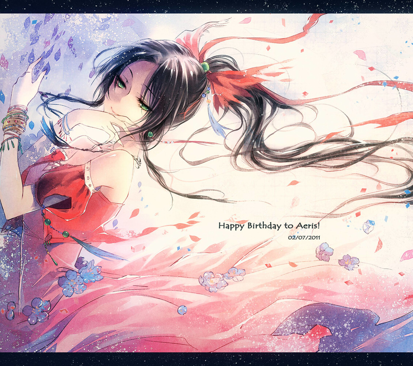aerith_gainsborough bare_shoulders black_hair bow brown_hair character_name dated dress earrings english final_fantasy final_fantasy_vii floating_hair flower green_eyes hair_bow happy_birthday jewelry kieta letterboxed long_hair necklace petals pink_bow pink_dress ponytail