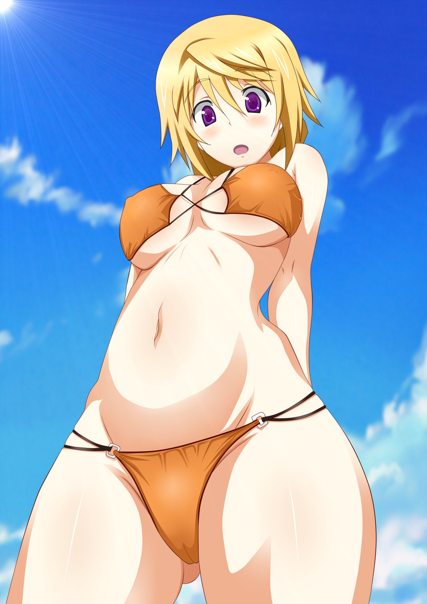 absurdres bikini blonde_hair breasts cameltoe charlotte_dunois covered_nipples derivative_work from_below highres hips infinite_stratos large_breasts long_hair looking_down purple_eyes solo sunlight swimsuit underboob vector_trace