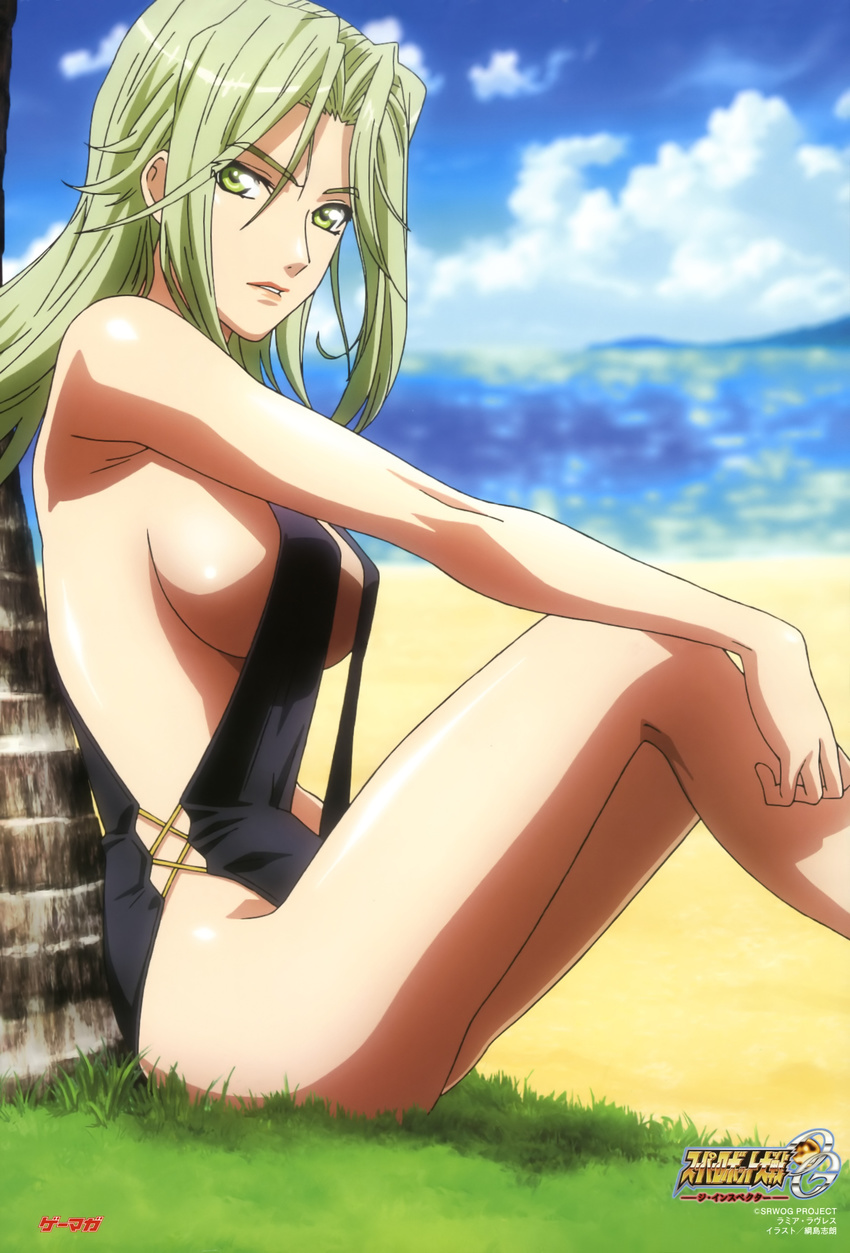 absurdres black_swimsuit cloud day green_eyes green_hair highres lamia_loveless long_hair one-piece_swimsuit parted_lips sky solo super_robot_wars super_robot_wars_og_the_inspector super_robot_wars_original_generation swimsuit tsunashima_shirou