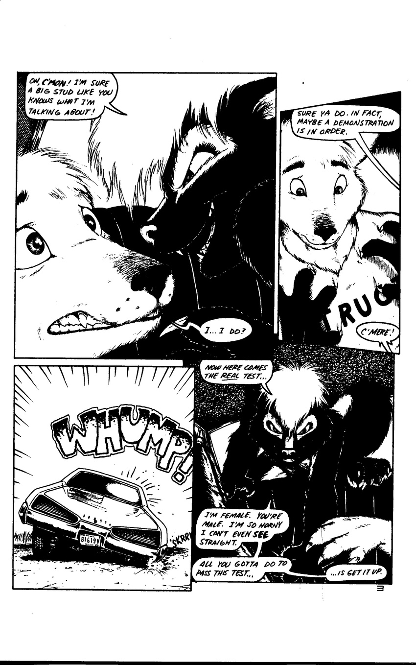 black_and_white cat chad claws comic dialog dialogue english_text eye_contact feline female hi_res interspecies james_m_hardiman looking_at_each_other mammal monochrome onyx onyx_(jmh) skunk student_drivers text