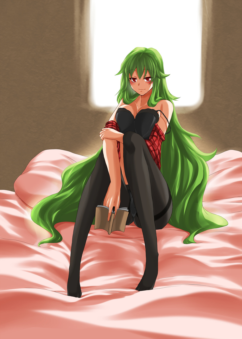 backlighting bad_id bad_pixiv_id bed black_legwear blush book bra breasts cleavage feet green_hair highres kazami_yuuka kazami_yuuka_(pc-98) large_breasts lingerie long_hair off_shoulder open_clothes open_shirt panties panties_under_pantyhose pantyhose plaid plaid_vest red_eyes seductive_smile shirt smile solo strap_slip thighband_pantyhose touhou touhou_(pc-98) underwear very_long_hair vest yamane_akira